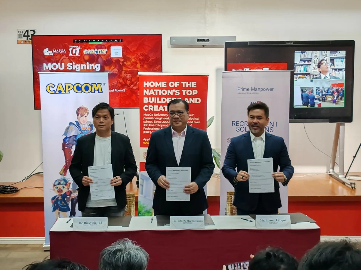 From left: Ricky Bian Li, Managing Director of Capcom Singapore; Dr. Dodjie S. Maestrecampo, President and CEO of Mapúa University; and Rommel Roque, President and CEO of Prime Manpower Philippines, during the MOU signing.