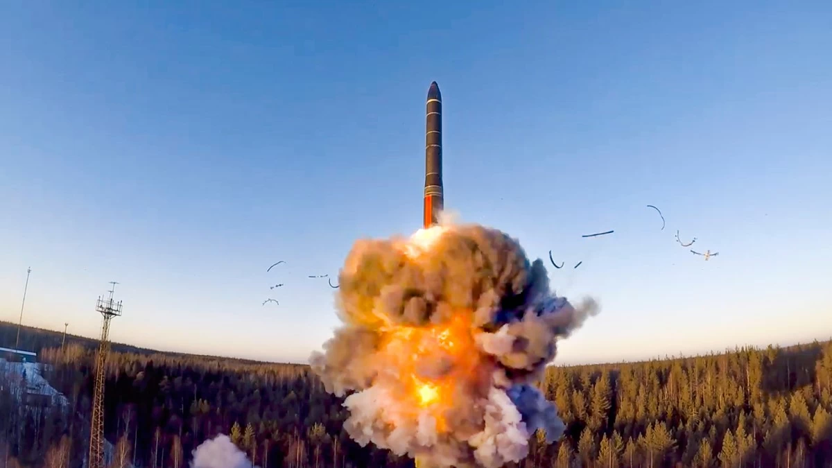 FILE - This photo taken from a video distributed on Dec. 9, 2020 by the Russian Defense Ministry Press Service, shows a rocket launch as part of a ground-based intercontinental ballistic missile test at the Plesetsk facility in northwestern Russia. (Russian Defense Ministry Press Service via AP, File)