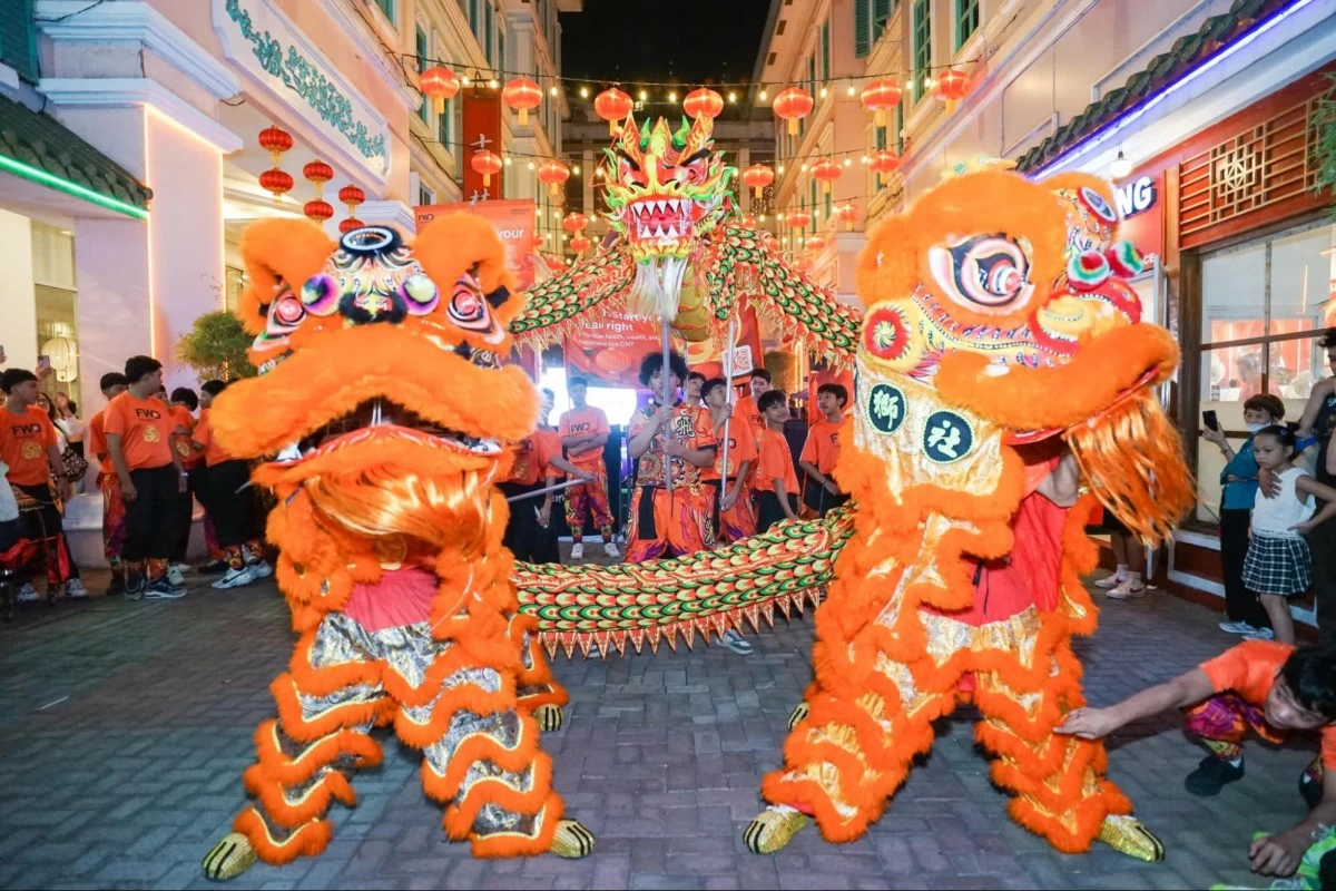 Traditional lion and dragon performances bring excitement to the streets, showering spectators with fortune and success. 