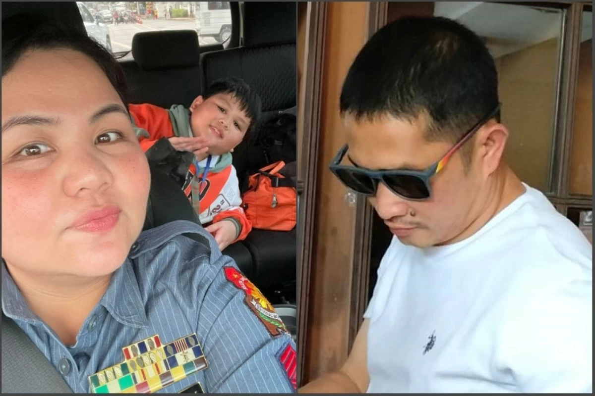 Police Senior Master Sergeant Diane Marie Mollenido and her eight-year-old son John Ysmael (left) and Police Senior Master Sergeant John Mollenido at the inurnment at Heritage Park in Taguig on Feb. 5 (Facebook, Nor Ma) 
