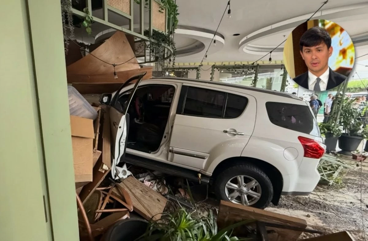 The SUV that rammed into the Da Gianni Cucina Italiana restaurant, owned by actor Matteo Guidicelli (inset), in Alabang on Feb. 8 (Photo from Matteo Guidicelli's Facebook account) 
