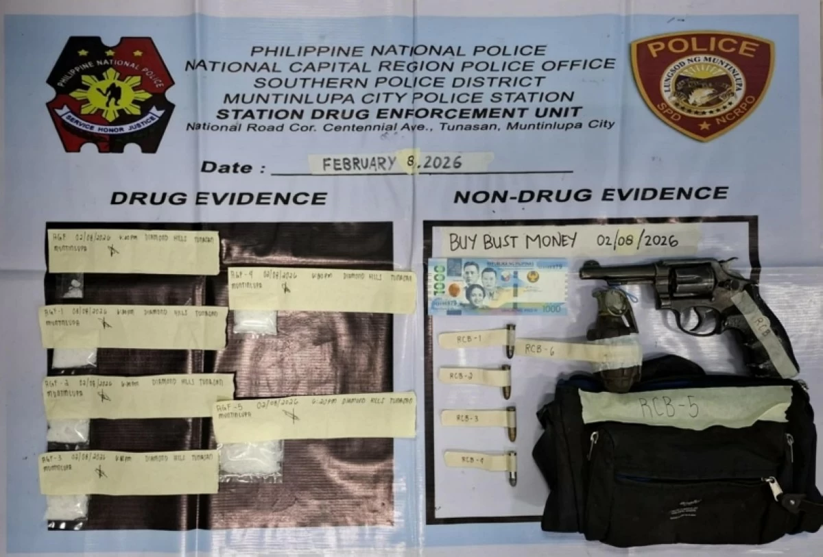 The shabu, firearm, ammunition, grenade and buy-bust money seized by the Muntinlupa police on Feb. 8 (Photo from Muntinlupa police / SPD)