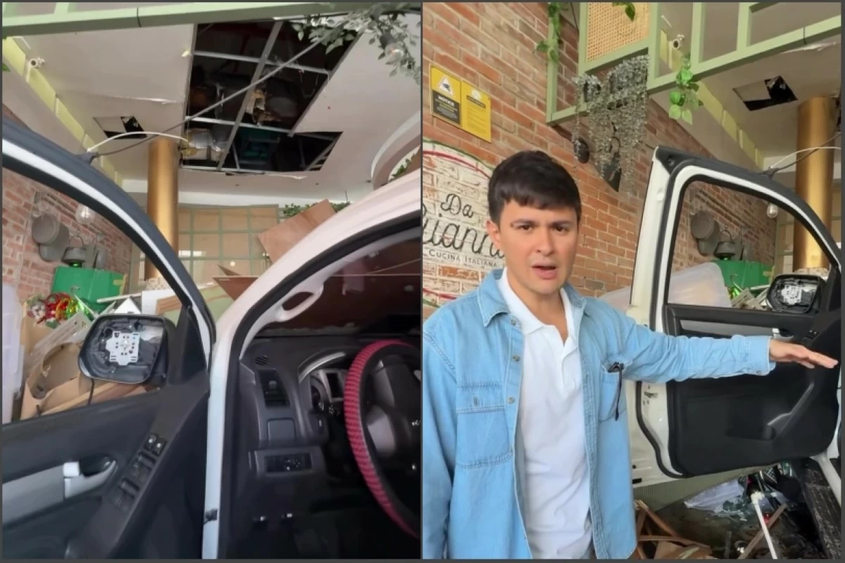 Actor Matteo Guidicelli showing the vehicle that rammed into his Da Gianni Cucina Italiana restaurant at Westgate Hub in Alabang on Feb. 8 (Screenshot from Guidicelli's video on Facebook)