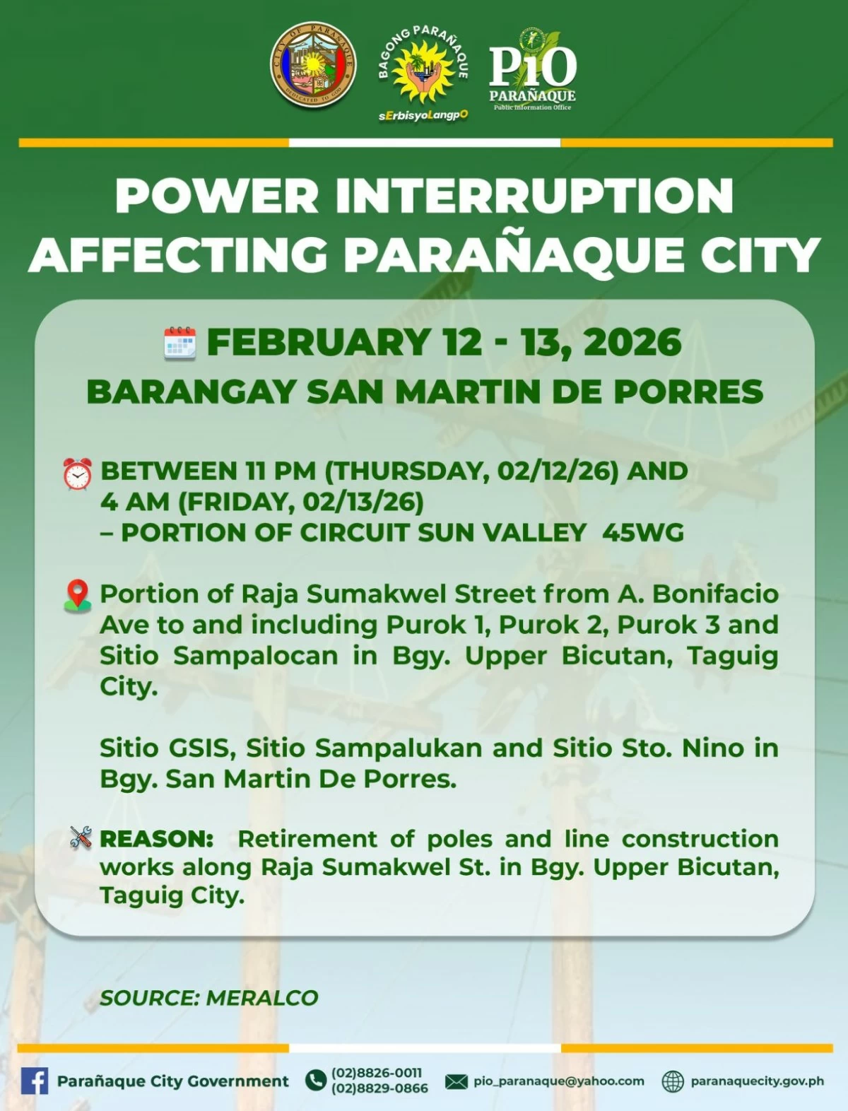 Meralco’s advisory on power service interruption (Photo from Paranaque PIO)       