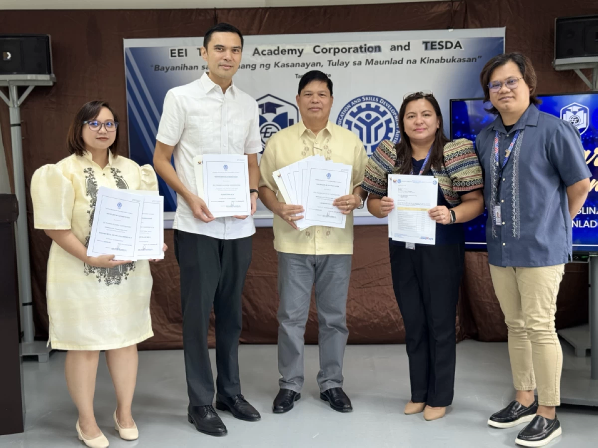 Photo taken during the awarding of Certificate of TVET Program Registration (L-R): Ma. Jasmine Mae Gatan, EEI Training Academy Admin and Academic Affairs Head, Jesus Teodoro Reyes, EEI Training Academy President, Victor Evidente, EEI Training Academy Vice President, Emilia Amparo, TESDA Supervising TESD-Specialist, and Hermie Acapuyan, TESDA Assessment Focal Person