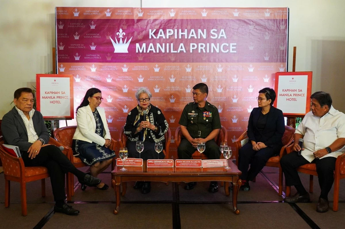 Mrs. Gerarda H. Villa, president and founder of Crusade Against Violence, speaks during a forum on the current state of hazing in the Philippines at the Manila Prince Hotel in Ermita, Manila on February 11, 2026. She was joined by (from left to right): Manila Bulletin columnist and former Senator Joey Lina; Ms. Imelda “Imee” Livioco, Secretary General of the Crusade Against Violence; Brig. Gen. Nelson Aluad, Commandant of Cadets of the Philippine Military Academy; Director Corinna Frances Cabanilla, of the Office of Student Development and Services, Commission on Higher Education (CHED); and Manila Bulletin Publisher and former Presidential Communications Secretary Sonny Coloma. (John Louie Abrina / MANILA BULLETIN)