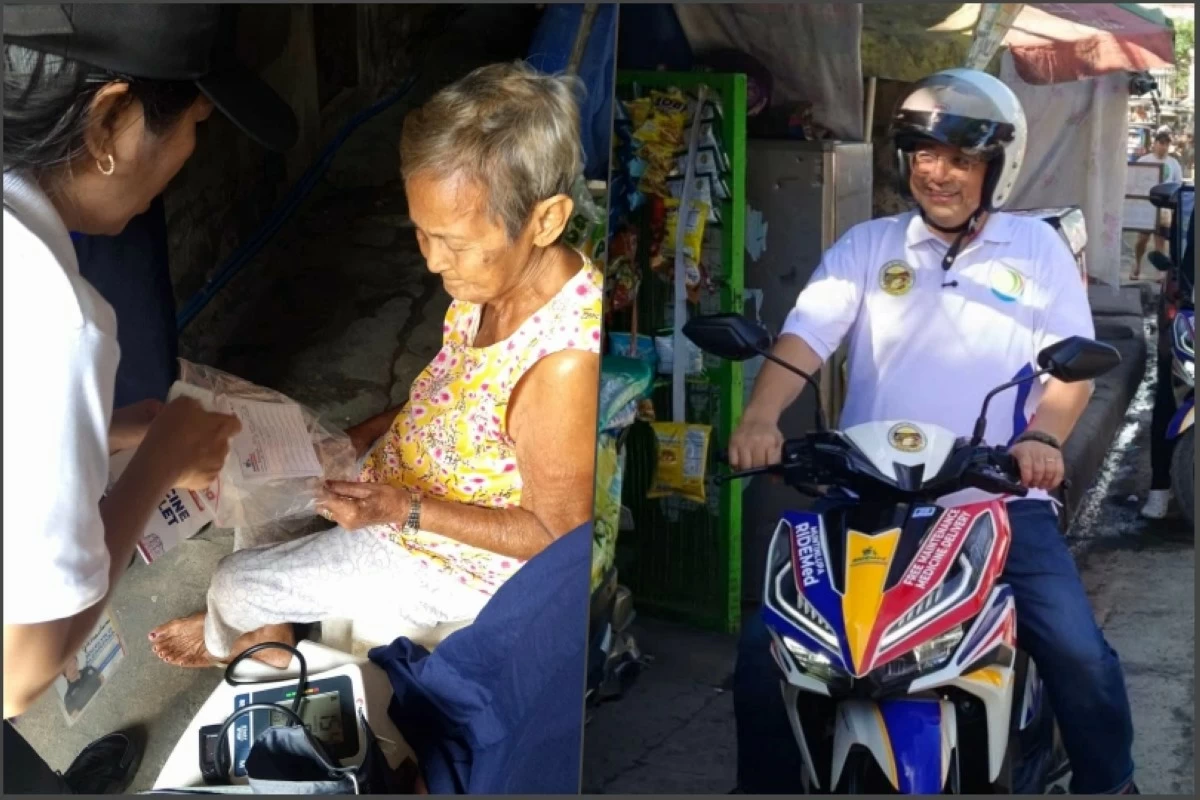 Muntinlupa Mayor Ruffy Biazon (right) delivering free essential medicines to seniors in Muntinlupa, and (left) a beneficiary of the program (Photos from Muntinlupa PIO) 