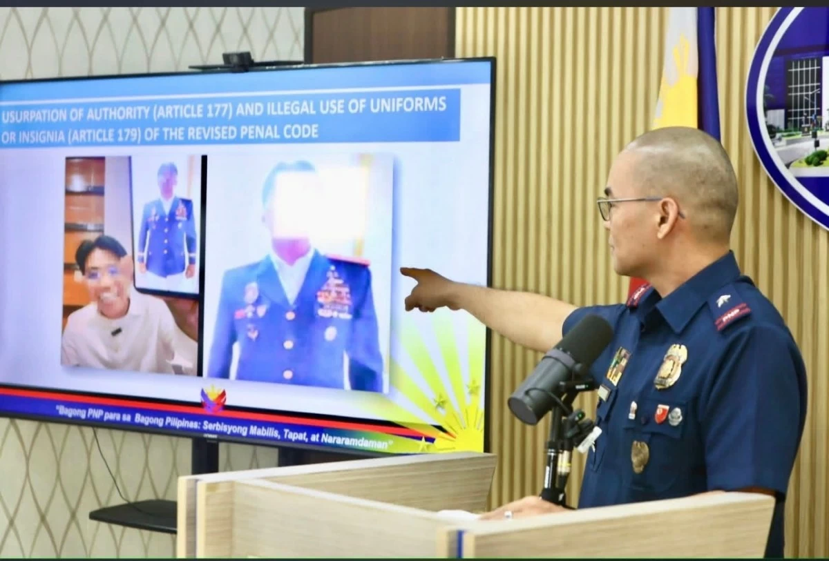 PNP spokesman Brig. Gen. Randulf Tuaño discusses the violation allegedly committed by a vlogger for unauthorized use of police uniform. (photo: PNP) 