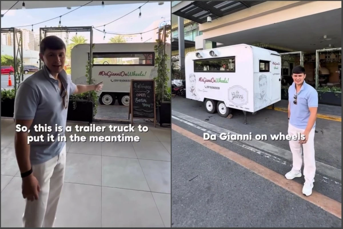 Actor Matteo Guidicelli showing the trailer truck that was put in front of the restaurant as a safety measure (Screenshots from Matteo Guidicelli's video on Facebook) 