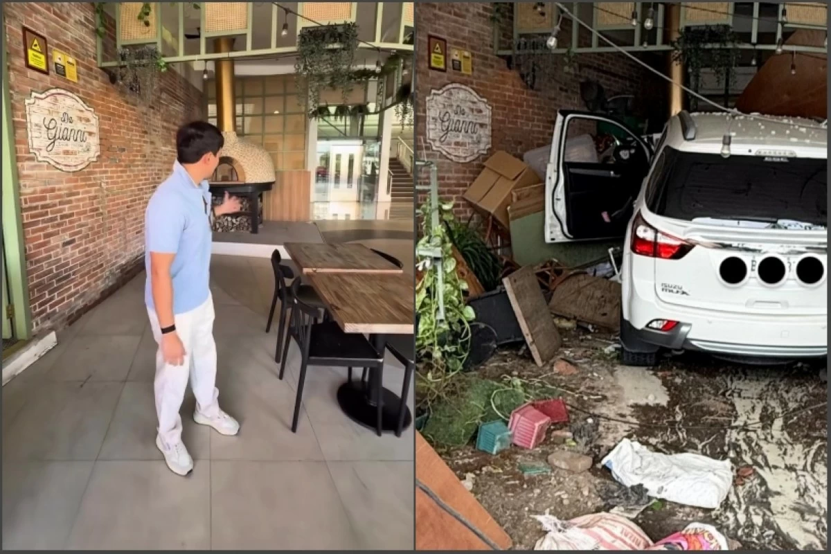 Actor Matteo Guidicelli (left) showing the al fresco area of his restaurant in Alabang has reopened, and the vehicle that crashed into the restaurant on Feb. 8 (Screenshot, photo from Matteo Guidicelli's Facebook account) 
