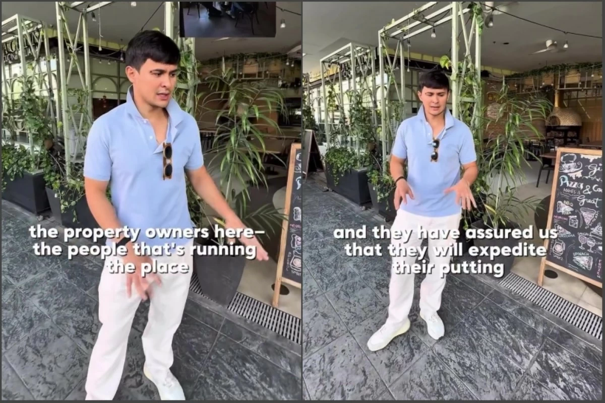 Actor Matteo Guidicelli explaining that bollards will be installed on the sidewalk in front of his restaurant in Alabang, Muntinlupa (Screenshots from Matteo Guidicelli's video on Facebook) 
