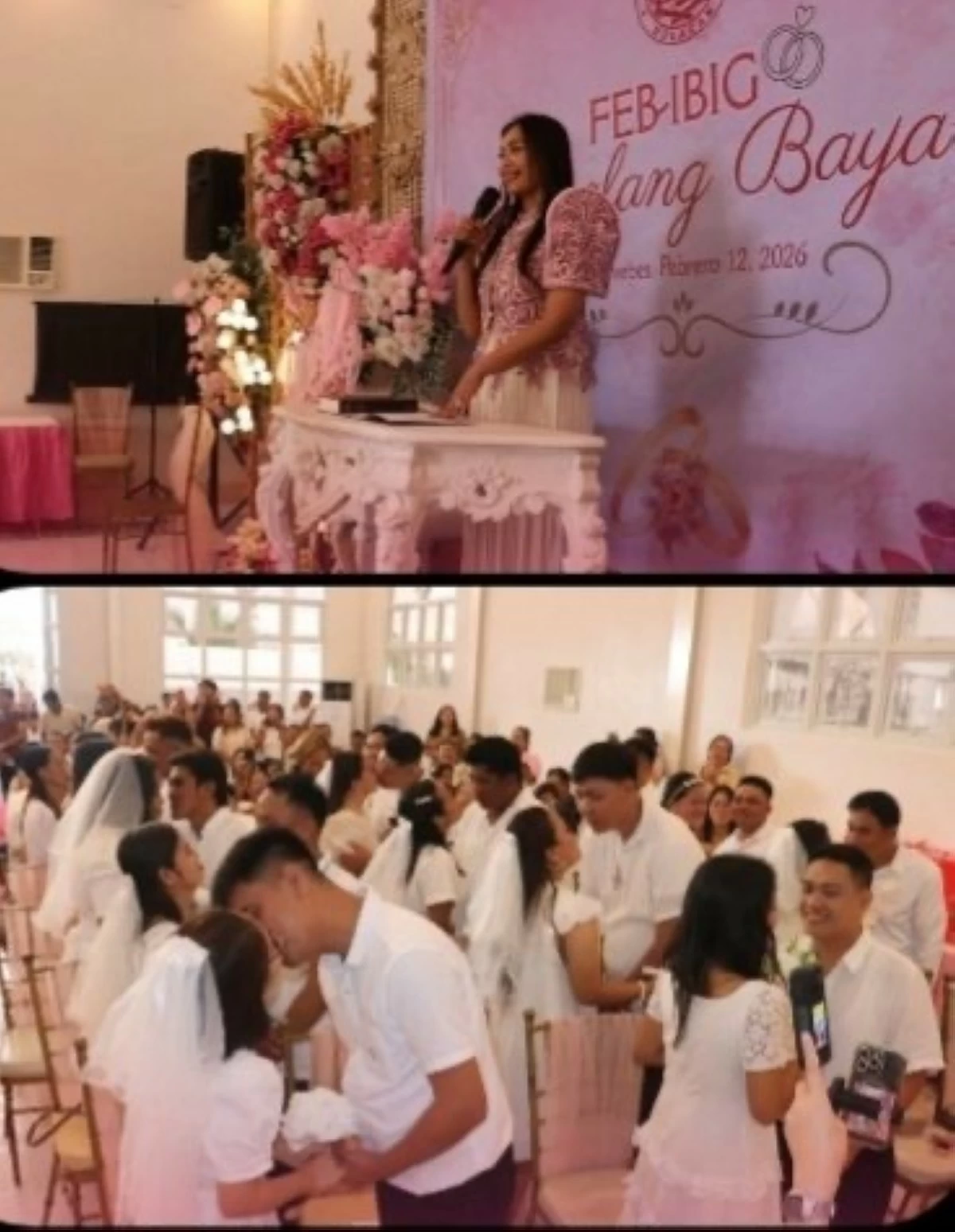 Mayor Charo Sy-Alvarado-Mendoza happily watches the newlyweds kiss each other after the Feb-Ibig Kasalang Bayan ceremony as part of the Valentine's Day celebration held in Barangay Palapat, Hagonoy, Bulacan on Thursday, February 12, 2026. (Photo from the official Facebook page of Ate Charo Sy-Alvarado)
