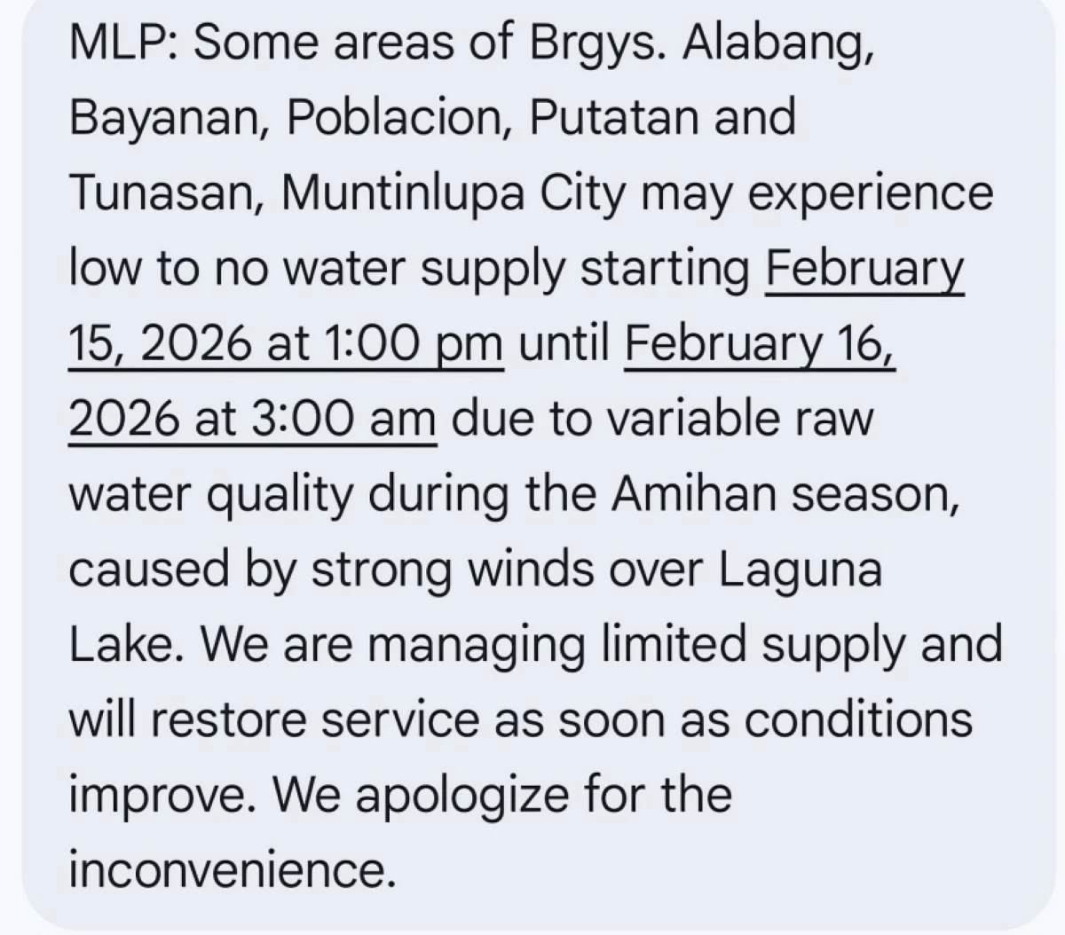 Maynilad's text advisory on water supply to Muntinlupa customers on Feb. 15  