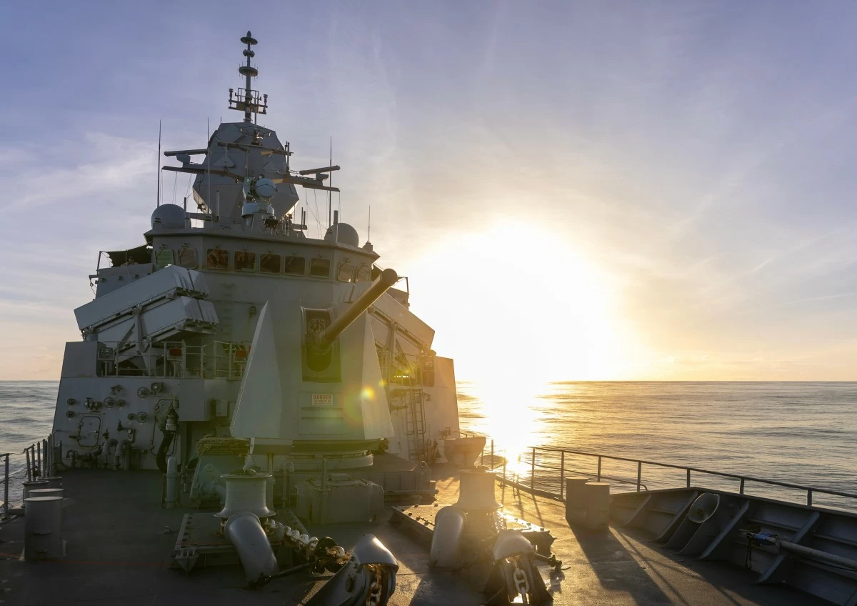 HMAS Toowoomba, a Royal Australian Navy (RAN) frigate, transits the South China Sea near the Spratly Islands from Feb. 9 to 10, 2026  as part of its 2026 regional presence deployment. (Photo courtesy of Leading Seaman Zac Dingle / Defence Australia)