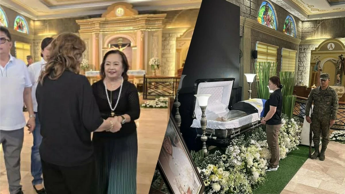 Former President and incumbent Pampanga 2nd District Rep. Gloria Macapagal-Arroyo (left) and Vice President Sara Duterte at the wake of former House Speaker Jose De Venecia in Dagupan City on Feb. 15, 2026.
