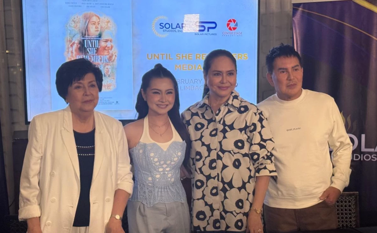 The cast of 'Until She Remembers' with director Brillante Mendoza (right). Beside him are the stars (from left) Boots Anson Roa-Rodrigo, Barbie Forteza, and Charo Santos-Concio.

