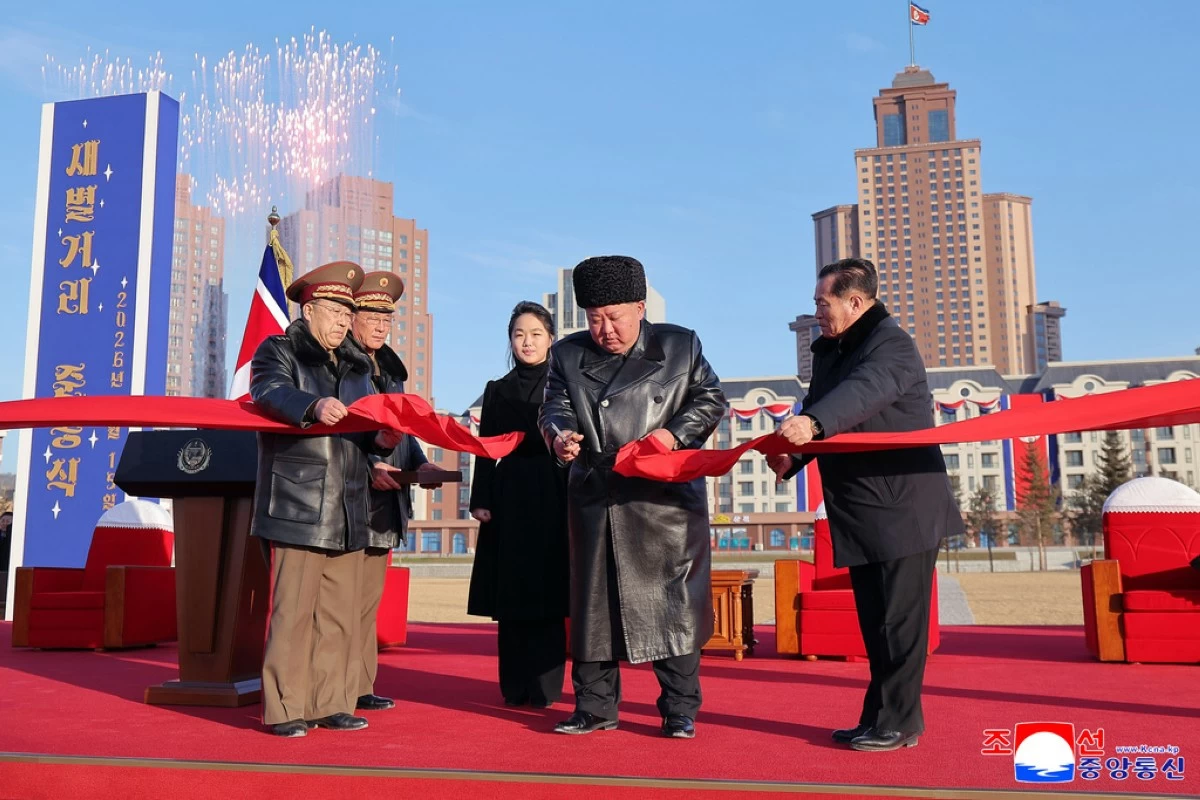 In this photo provided by the North Korean government, North Korean leader Kim Jong Un, second right, attends a completion ceremony of the new street, called Saeppyol Street in Pyongyang, North Korea Sunday, Feb. 15, 2026. Independent journalists were not given access to cover the event depicted in this image distributed by the North Korean government. The content of this image is as provided and cannot be independently verified. Korean language watermark on image as provided by source reads: "KCNA" which is the abbreviation for Korean Central News Agency. (Korean Central News Agency/Korea News Service via AP)