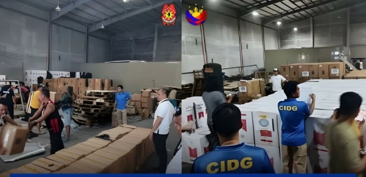 CIDG operatives conduct inventory of P70 million worth of smuggled cigarette products discovered in a warehouse in San Simon, Pampanga. (photo: PNP) 