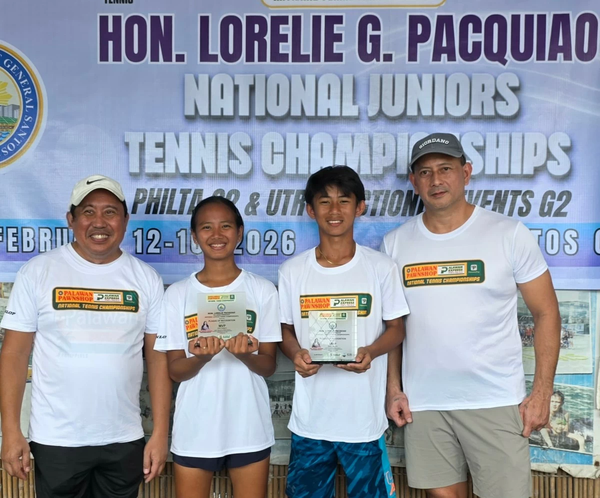 Jan Cadee Dagoon (second from left) shares the MVP honors with Krelz Gecosala (second from right) as they dominate the Mayor Lorelie Pacquiao netfest in Gen. Santos City. With them are GenSan City Tennis Club board member Atty. Jun Lagare (left) and GSCTC president Marlon Aquino.