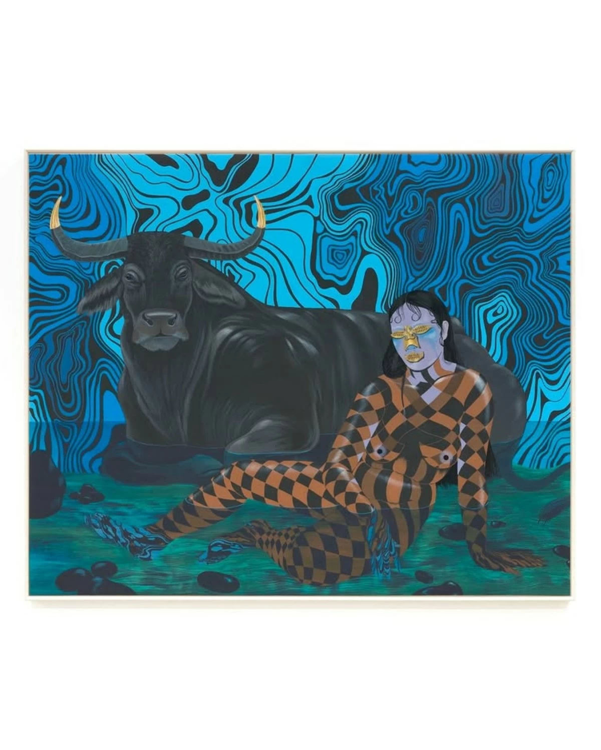 'SHROUD (KALABAW AND DEATH MASK)' acrylic, pigment, gesso on canvas, 66x81 inches, 2025
