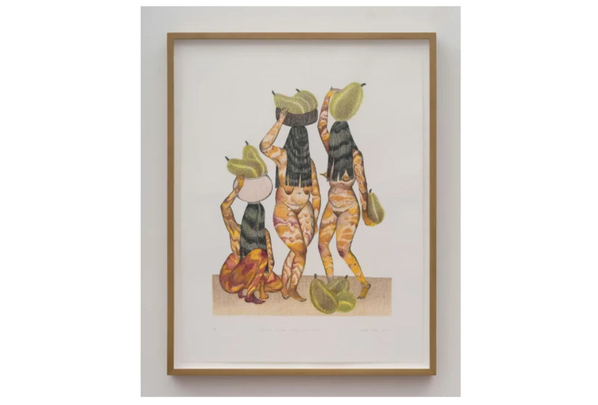 'BALANCING PRECIOUS ANCESTRY (OCHRE HUES)' etching on paper with hand colored pencil, 20x16 inches, 2025 (Photo courtesy of Art SG)