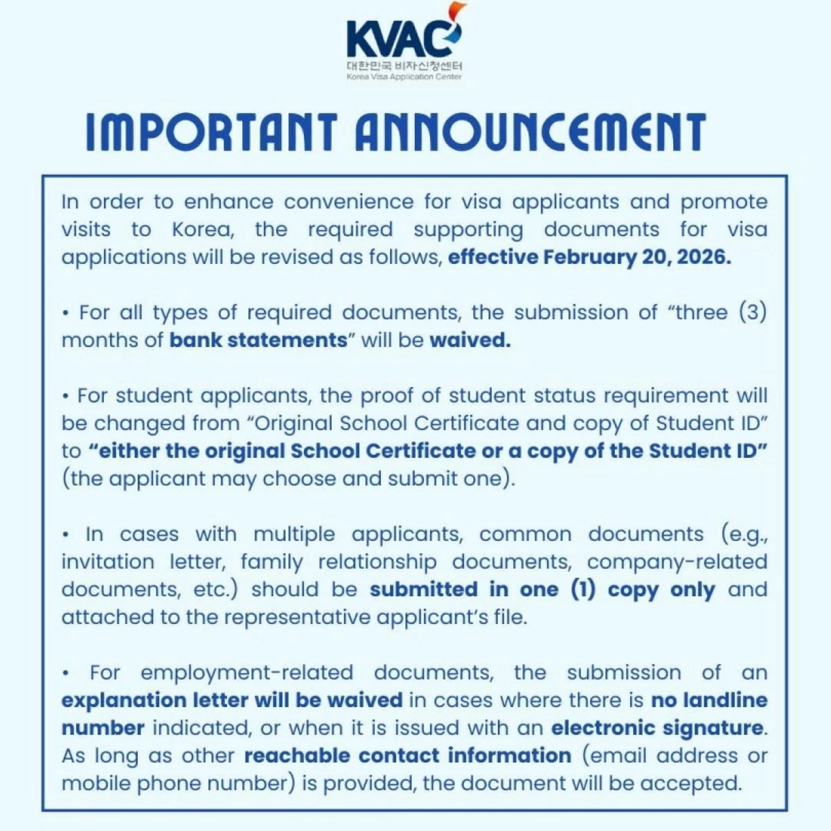 The announcement by the Korea Visa Application Center (PHoto from KVAC) 
