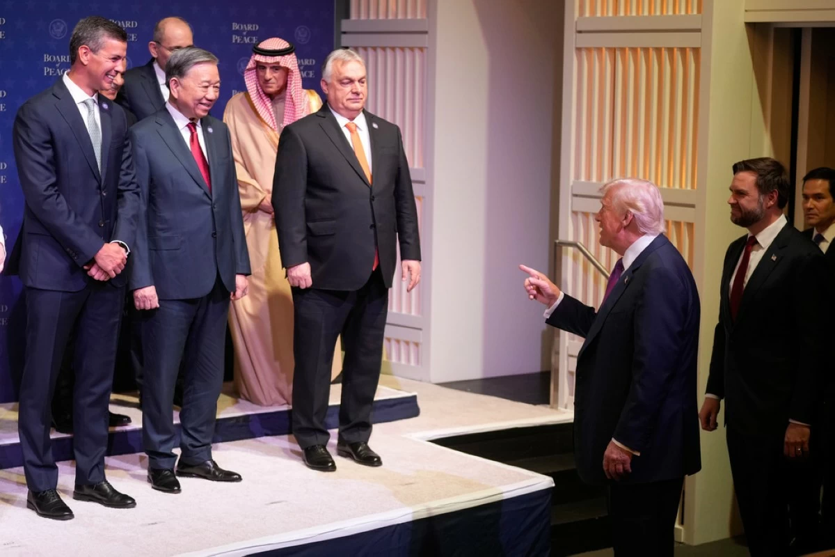 President Donald Trump arrives for Board of Peace meeting at the U.S. Institute of Peace, Thursday, Feb. 19, 2026, in Washington. (AP Photo/Mark Schiefelbein)