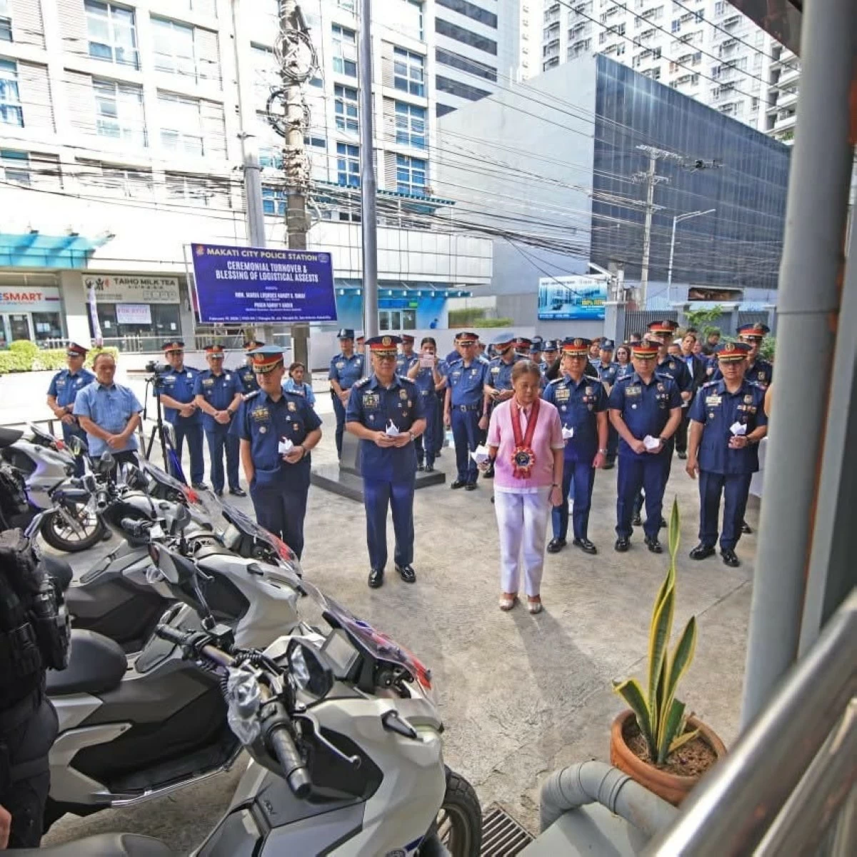 Makati City Mayor Nancy Binay leads the turnover of logistical assets and other police equipment to the Makati City Police on Thursday, Feb. 19. (Photo from Makati PIO)