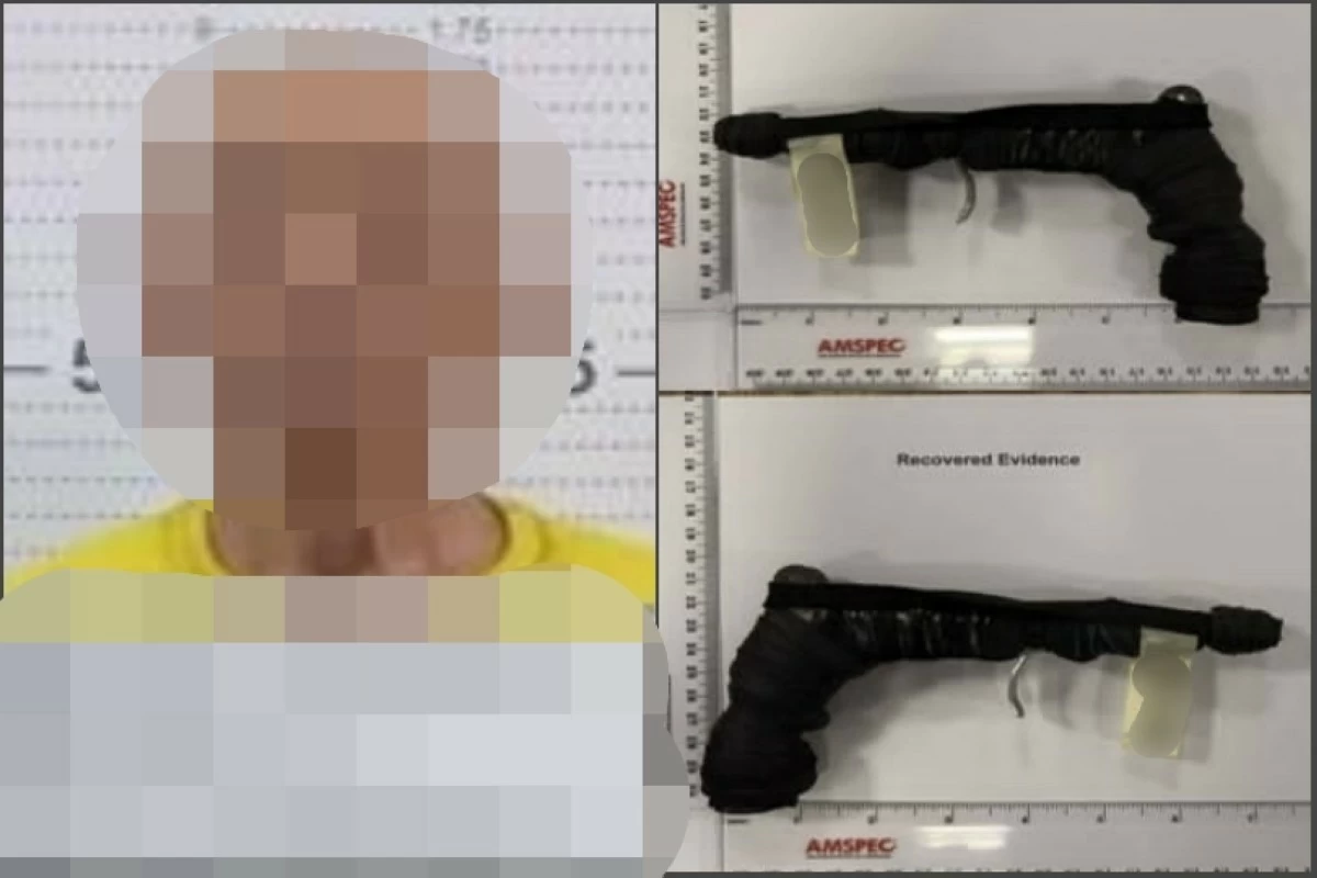 The suspect (left) and the confiscated improvised firearm (Photos from Muntinlupa police) 