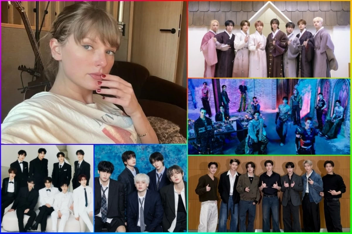 (Clockwise from top left) Taylor Swift, Stray Kids, Seventeen, ENHYPEN, Tomorrow X Together and ZEROBASEONE (Instagram, X) 