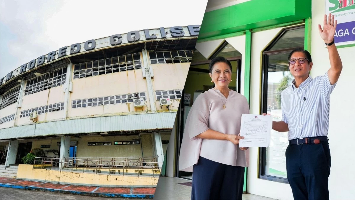 President Ferdinand 'Bongbong' Marcos Jr. turns over a Special Allotment Release Order (SARO) worth P500 million to Naga City Mayor Leni Robredo for the rehabilitation of the Jesse M. Robredo Coliseum on Feb. 21, 2026. (PCO)