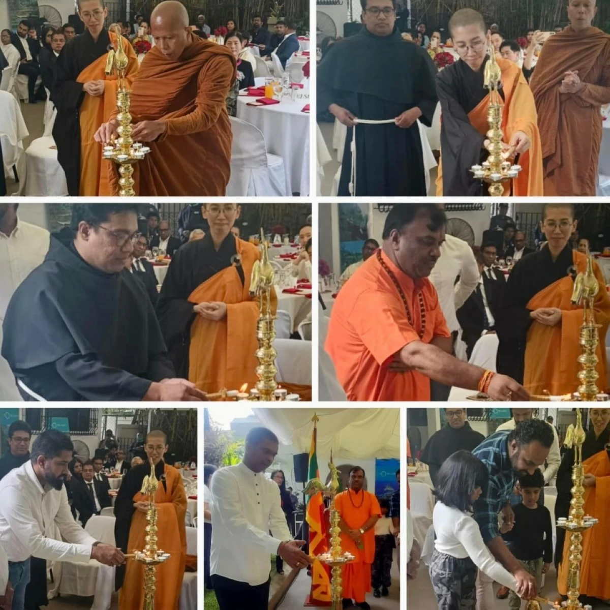 Representatives of diverse faiths and communities light the traditional oil lamp: Ven. Ratthapalo (Theravada Buddhism), Ven. Zhi Qin of Fo Guang Shan Mabuhay Temple (Mahayana Buddhism), Rev. Fr. Viraj Fonseka of San Antonio Padua Parish-Parañaque (Catholicism), Swami Acharya Prem Shankaranand Tirth (Hinduism), children from the Sri Lankan community, and Ambassador Dr. Chanaka Talpahewa of Embassy of Sri Lanka
