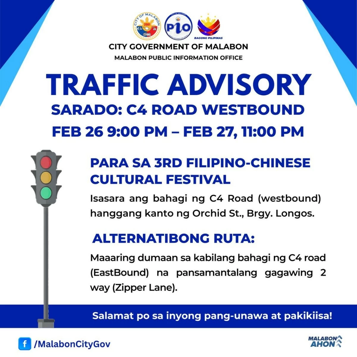 Malabon LGU announces C4 Road closure for Filipino–Chinese Cultural Festival