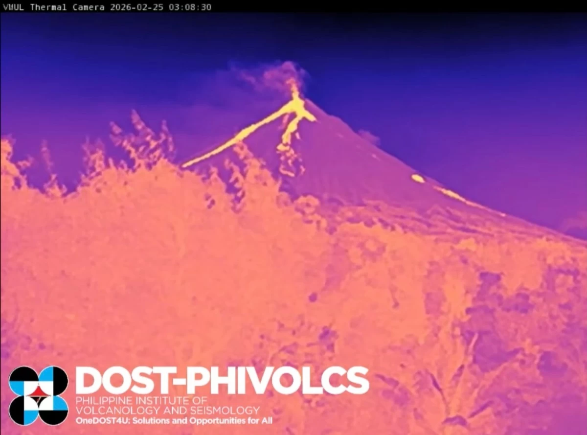 Lava effusion and ash emission events occur at the summit crater of Mayon Volcano in the early hours of Feb. 25, 2026, producing plumes rising 150 to 200 meters before drifting west, as recorded by the Upper Lidong Station thermal camera. The volcano remains under Alert Level 3 amid continuing effusive eruption. (Screenshot from Phivolcs Facebook page)