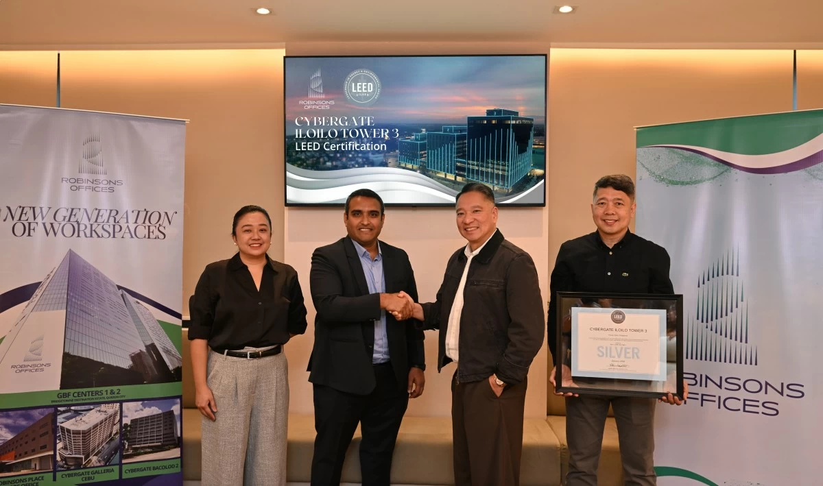 From left, Arcadis Philippines Inc. Service Line Director Katherine Ann T. Resurreccion, Green Business Certification Inc. Associate Director Rohith Ravula, Robinsons Offices Senior Vice President and Business Unit General Manager Jericho P. Go, and Robinsons Offices Head of Project Management Solomon A. Puro II attend the LEED certification awarding for Cybergate Iloilo Tower 3.