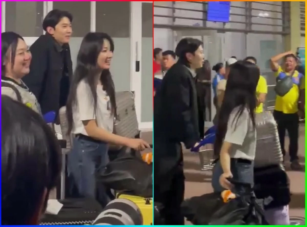 Korean celebrities Kim Hye-yoon, Dex, and Park Joon-myeon  at Bohol-Panglao International Airport in the Philippines (Screenshots from Margilyn Cabildo's video) 
