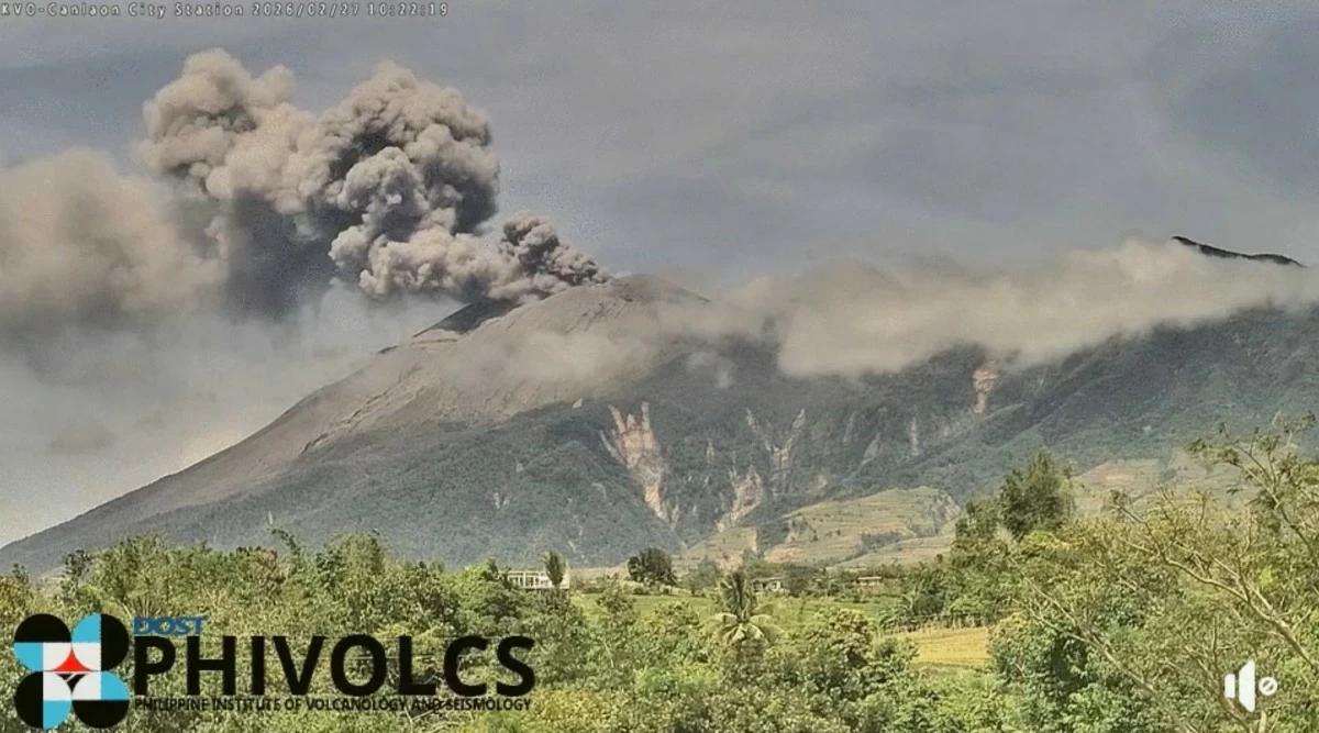 Screenshot of the time-lapse footage showing ash emission from Kanlaon Volcano between 9:43 a.m. and 10:53 a.m. on Feb. 27, 2026. The event generated grayish plumes that rose about 1,000 meters above the summit crater before drifting south, as recorded by the Kanlaon Volcano Observatory IP camera in Canlaon City. (Philippine Institute of Volcanology and Seismology)
