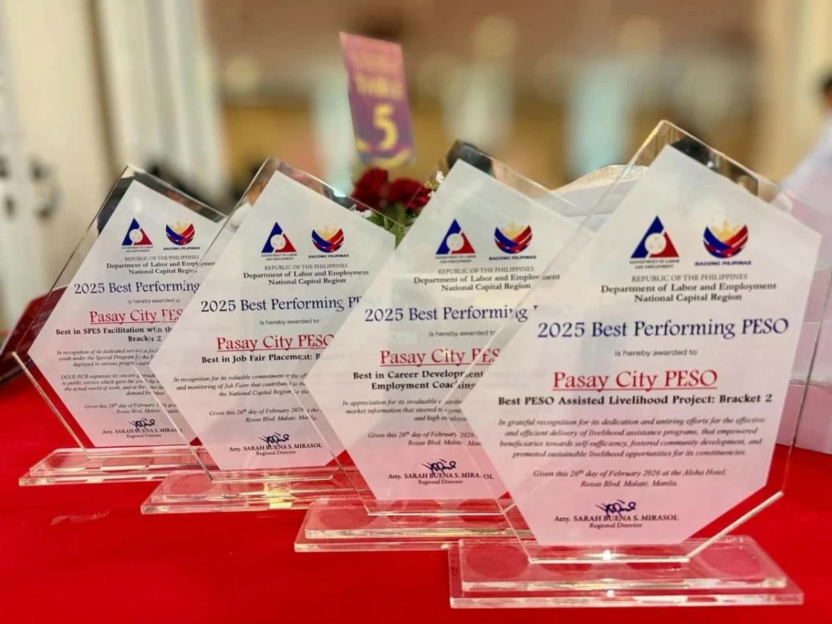 The awards received by Pasay PESO during the Best Performing PESO Recognition held by the Department of Labor and Employment (DOLE) on Feb. 26. (Photo from Pasay PIO)
