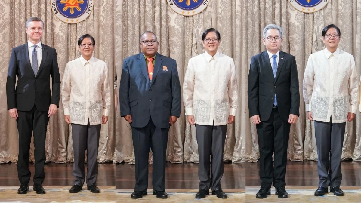 President Ferdinand 'Bongbong' Marcos Jr. receives Ambassador Miloš Koterec of the Slovak Republic, Ambassador Stephen Pokanis of Papua New Guinea, and Ambassador Thiphasone Sengsourinha of the Lao PDR as they presented their credentials in a ceremony at Malacañan on Feb. 27, 2026. (Malacañang photos)
