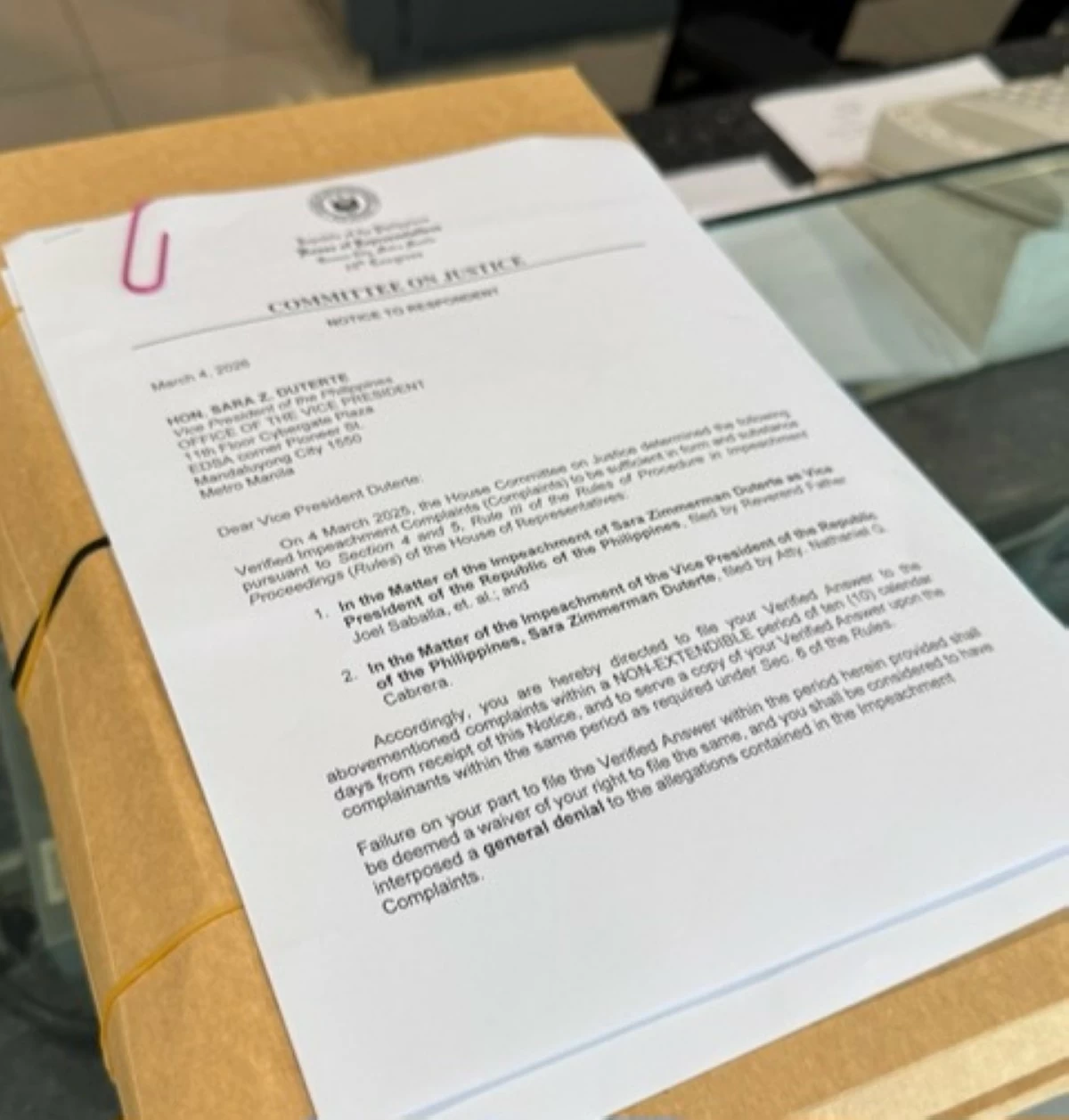 The Notice to Respondent from the House Committee on Justice (Contributed photo)