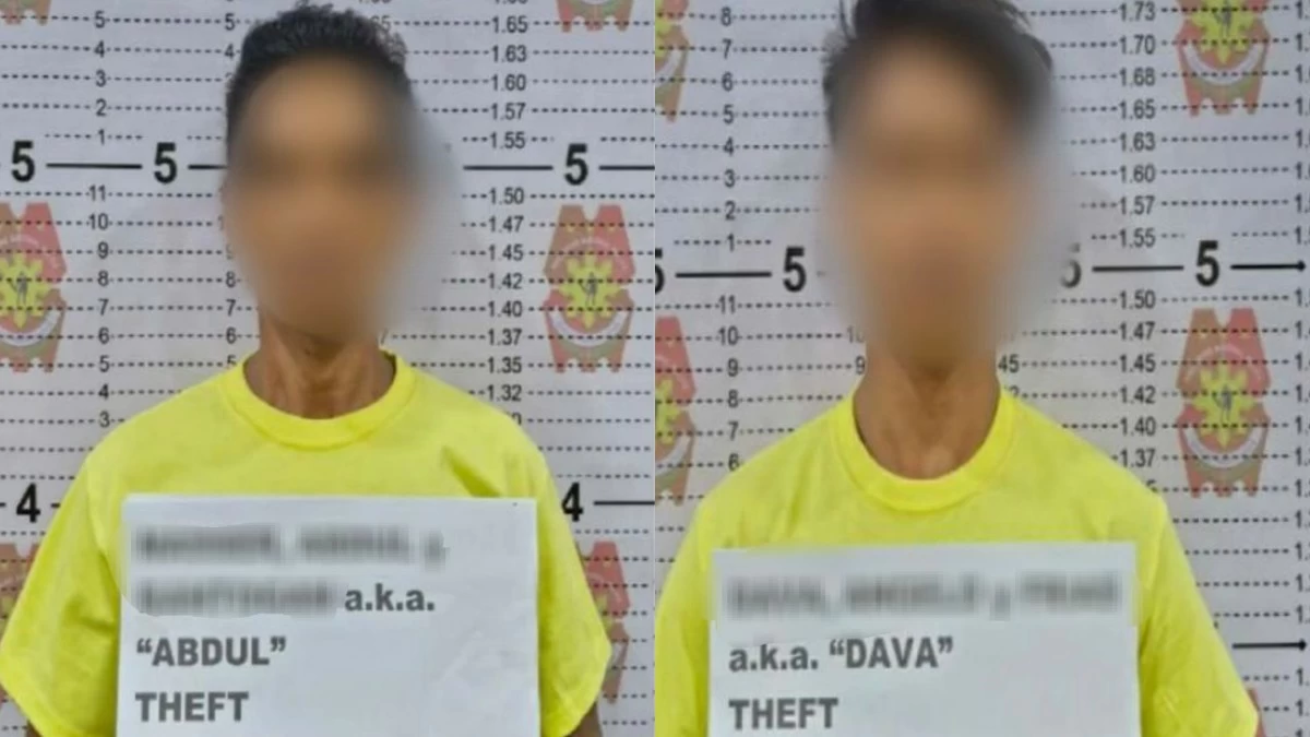 The two men arrested for allegedly stealing solar lights and their parts along the jogging lane in Marikina City. (Photos from Marikina CPS) 