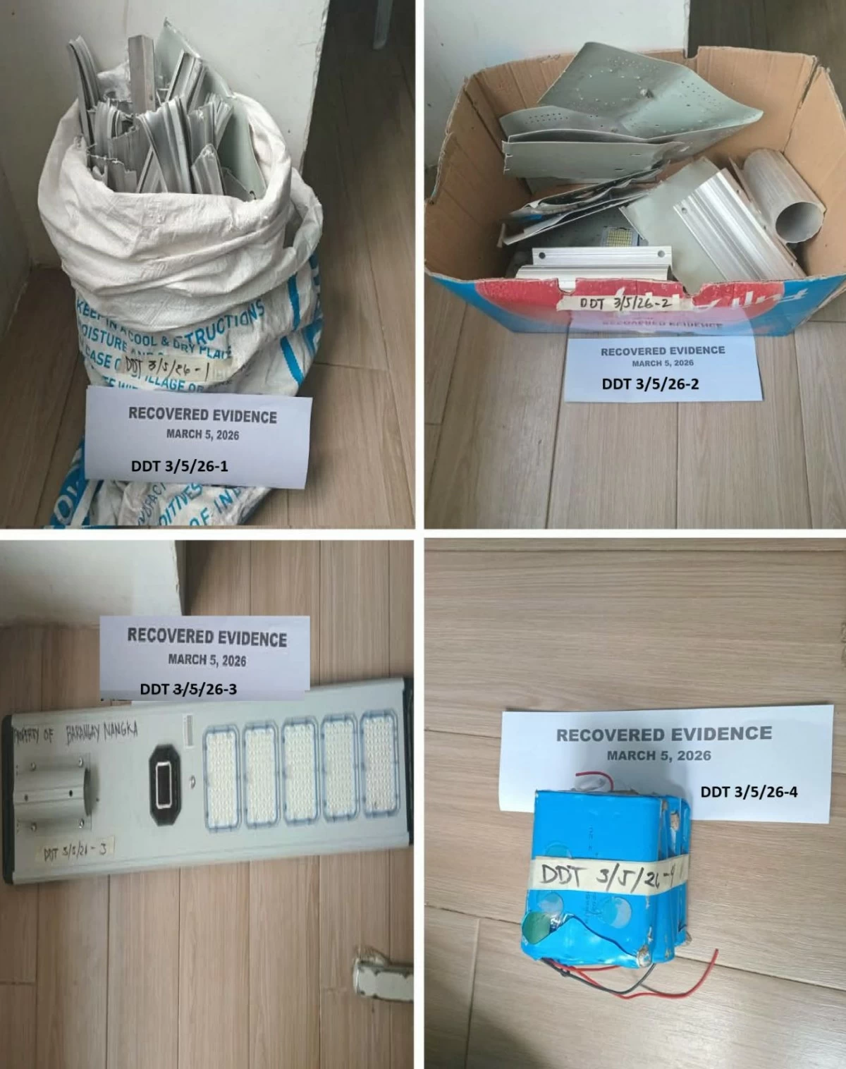 Recovered solar lights and their parts from the arrested suspects. (Photos from Marikina CPS)