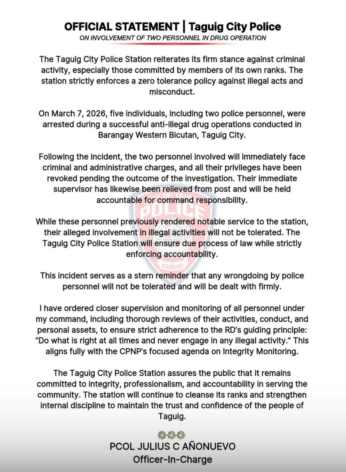 The statement of  Col. Julius Añonuevo, Taguig police officer-in-charge (Photo from the Taguig police's Facebook account) 