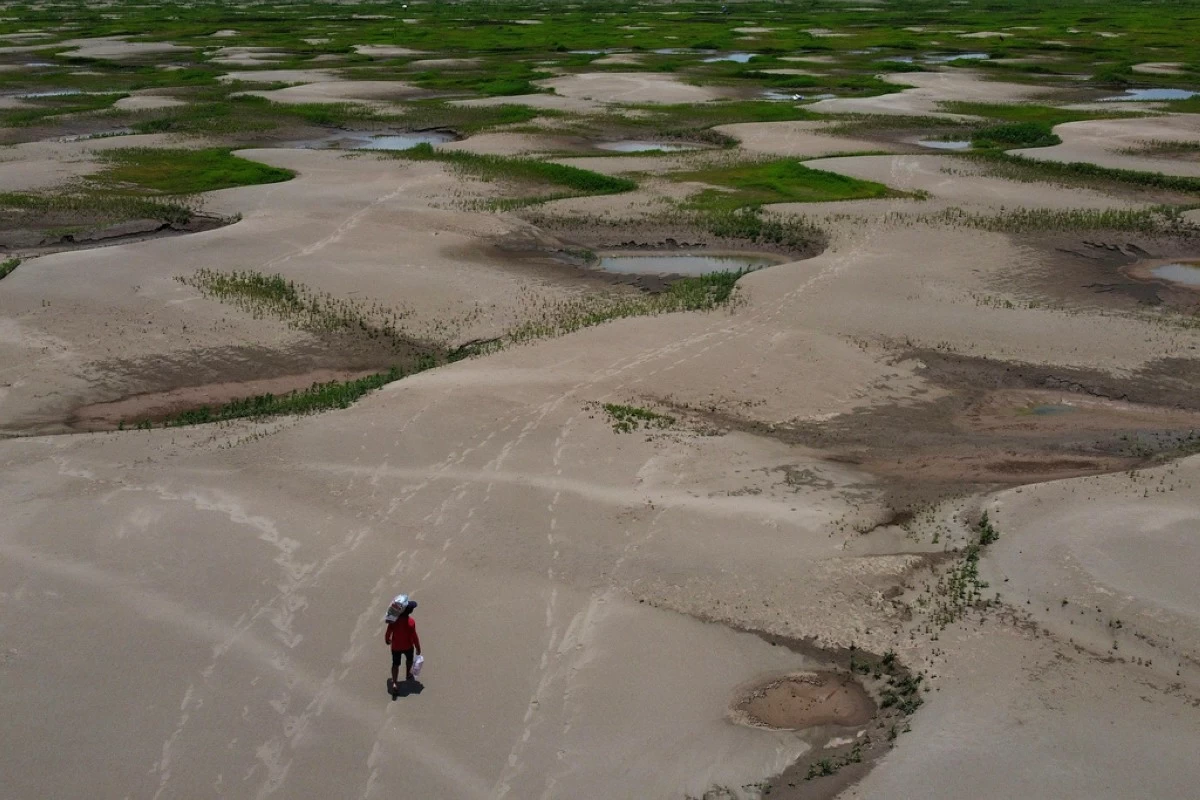 FILE - A resident of a riverside community carries food and containers of drinking water after being distributed due to the ongoing drought in Careiro da Varzea, Amazonas state, Brazil, Oct. 24, 2023. (AP Photo /Edmar Barros, File)