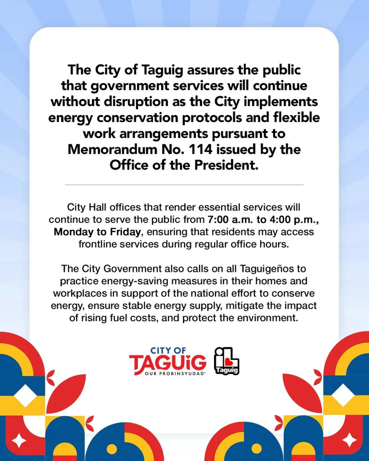 The announcement by the Taguig City government (Photo from the Taguig City government's Facebook page) 