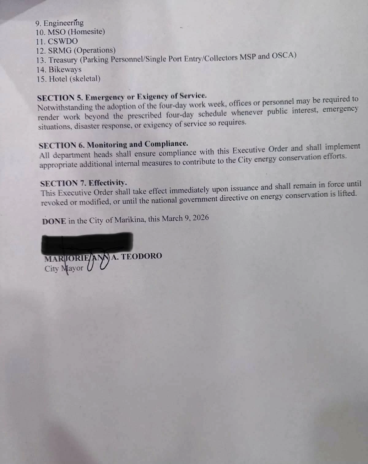 Executive Order No. 05, Series of 2026 (Photo from Marikina LGU)