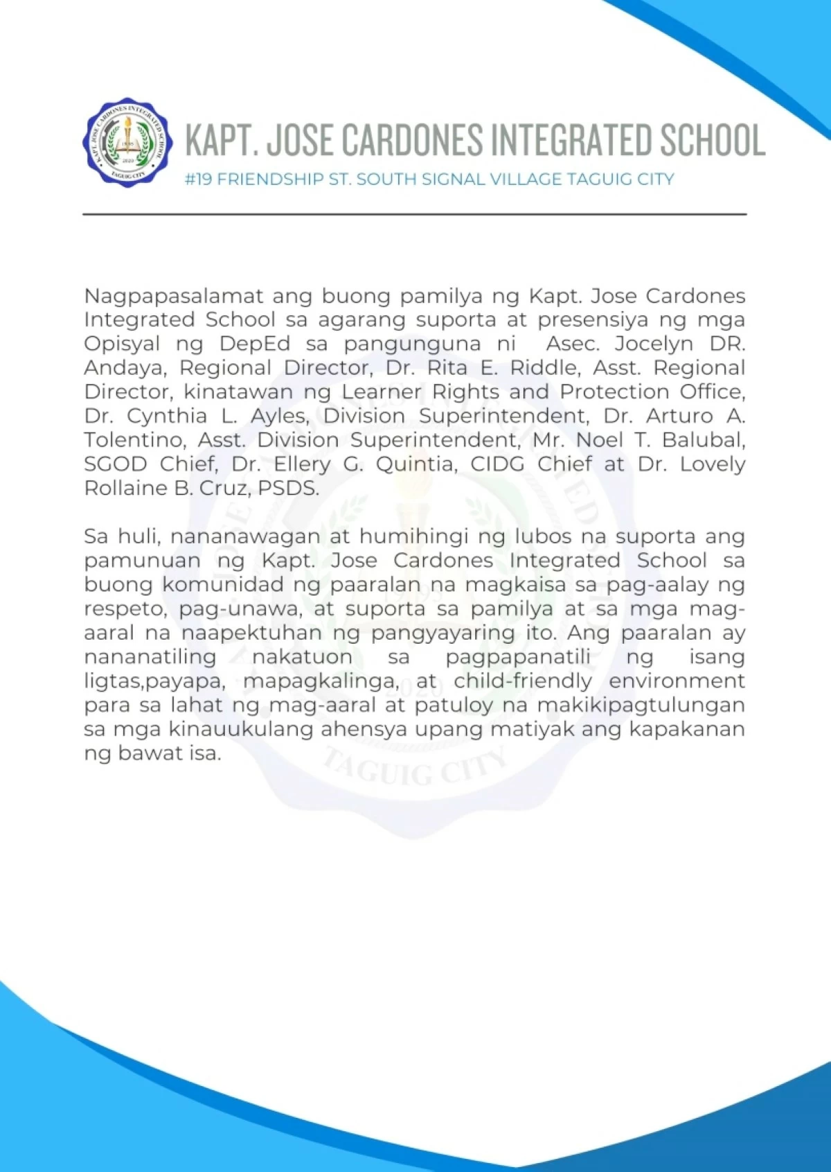The statement of  Kapt. Jose Cardones Integrated School about the death of a Grade 10 student on March 9 (Photo from  Kapt. Jose Cardones Integrated School's Facebook page) 