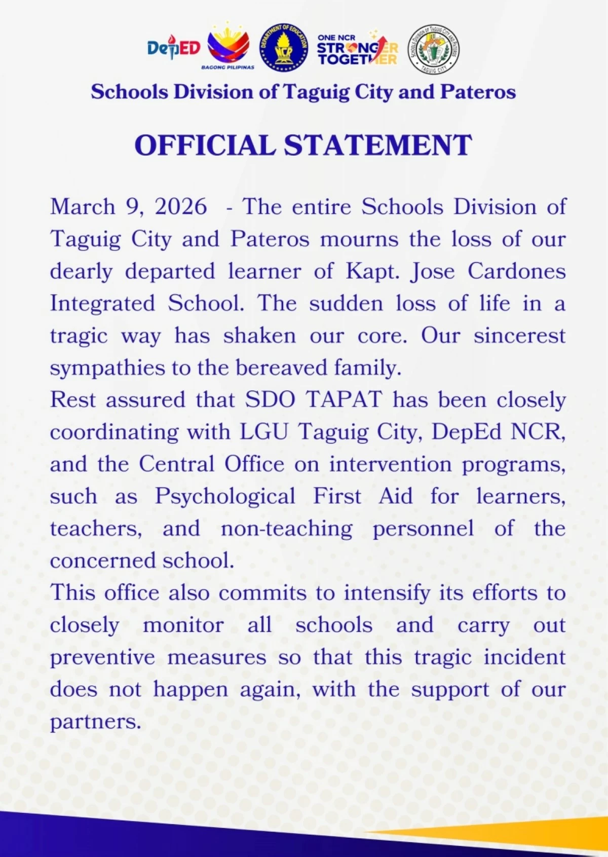 The statement of the Schools Division of Taguig City and Pateros on the death of a Grade 10 student of Kapt. Jose Cardones Integrated School (Photo from SDO Taguig City and Pateros' Facebook page) 