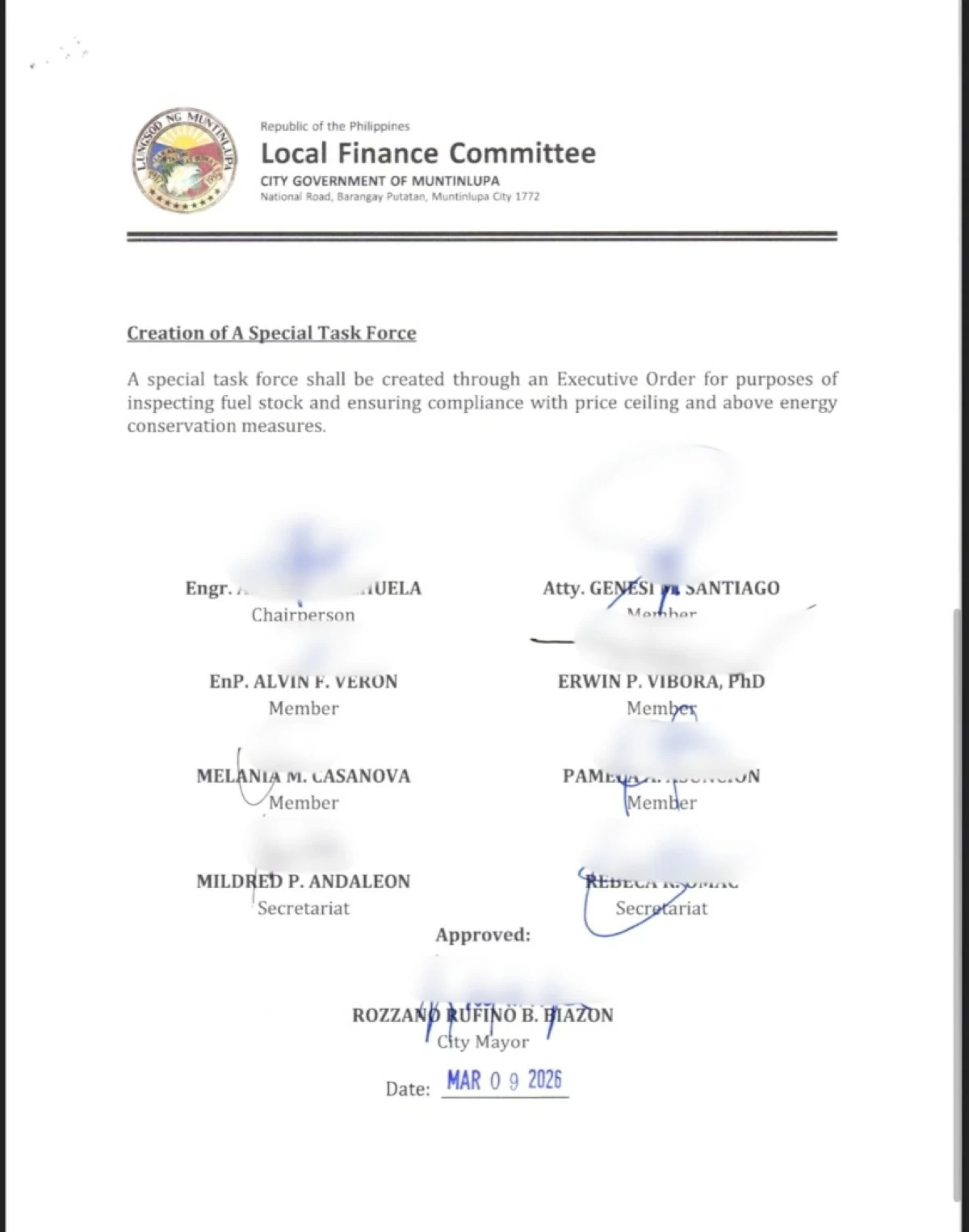 The resolution of the Local Finance Committee signed by Muntinlupa Mayor Ruffy Biazon (Photo from Mayor Biazon's Facebook account) 
