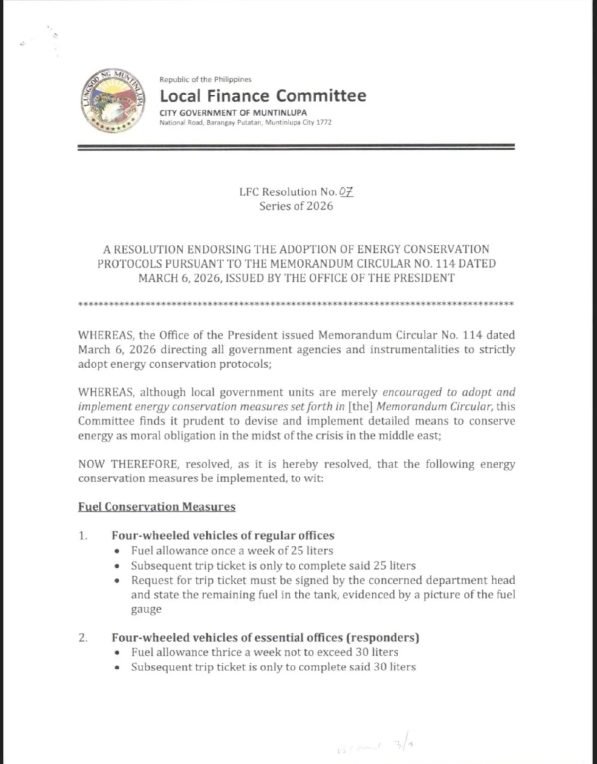 The resolution of the Local Finance Committee signed by Muntinlupa Mayor Ruffy Biazon (Photo from Mayor Biazon's Facebook account) 